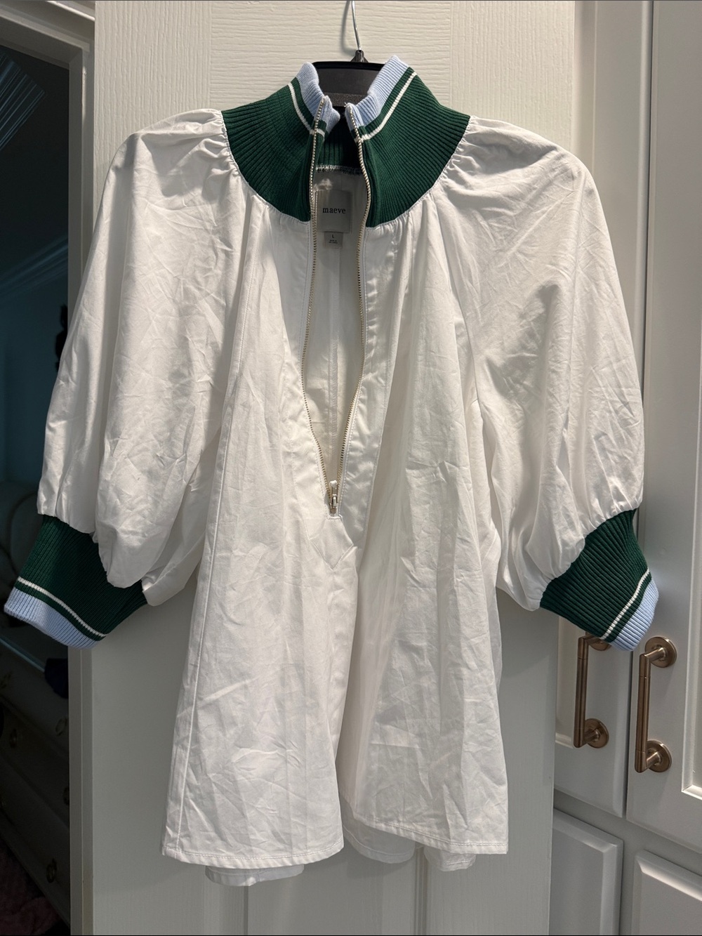 Maeve White Blouson Top with Green Ribbed Collar & Cuffs